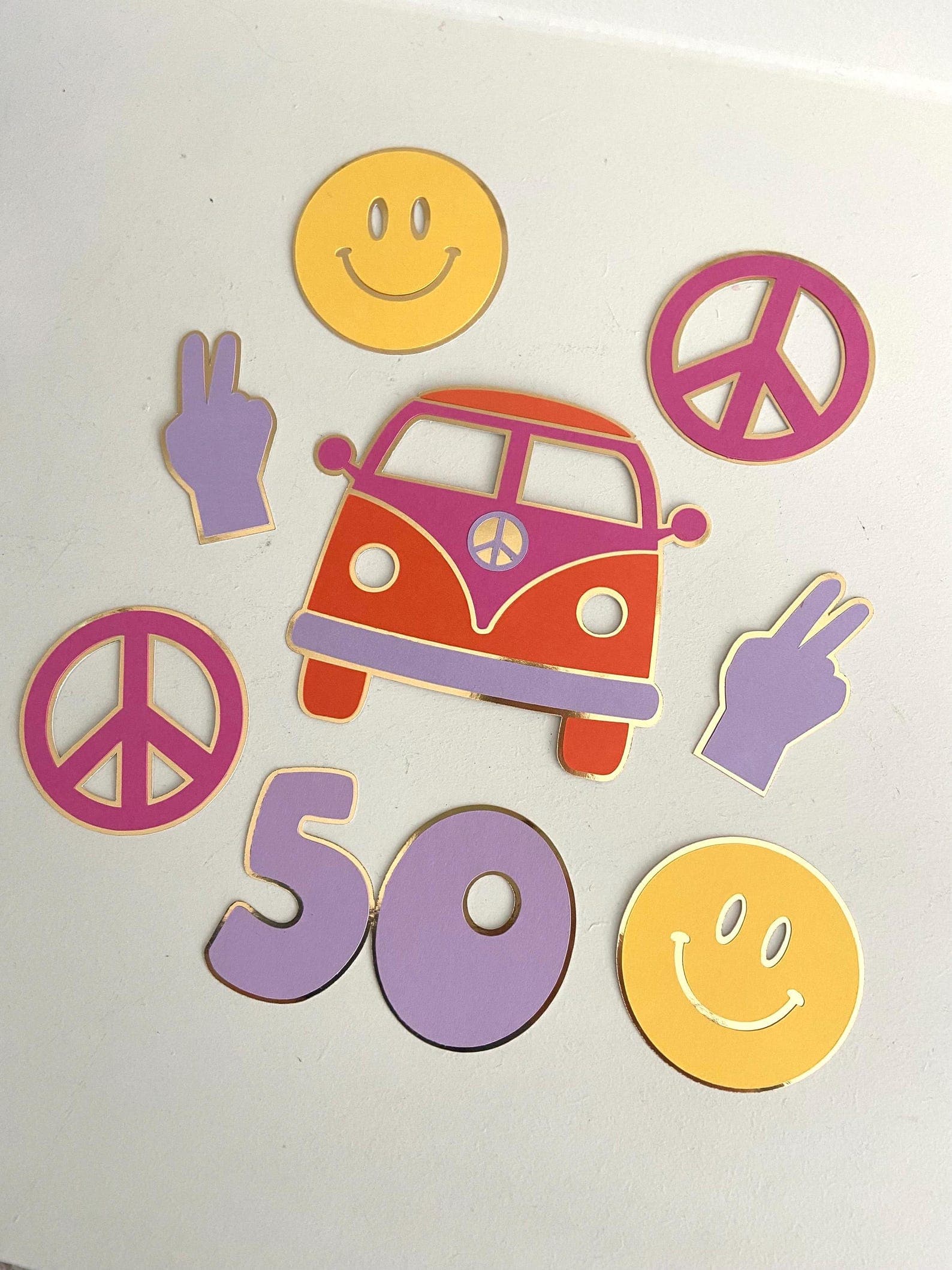 Retro 70s cake charm set with peace signs and VW van